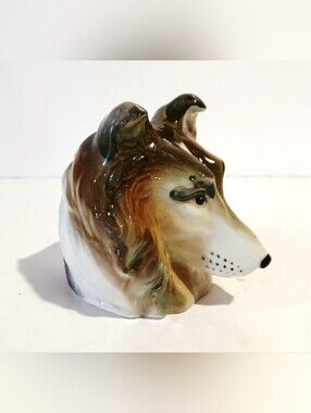 Vintage Ceramic Collie Dog Head Planter- Brown and White